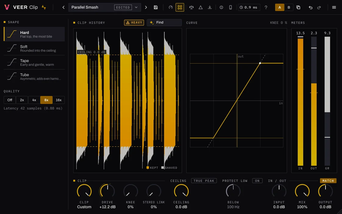 Veer Clip pushed hard with 12 dB of drive: the HEAVY warning lights up above a clip history full of shaved peaks.