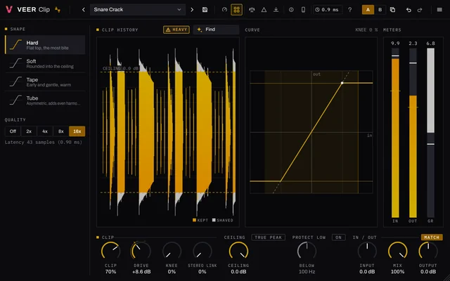 Veer Clip on a snare with the Hard shape and 16x oversampling: the clip history shows the kept signal in gold and the shaved peaks in grey, next to the transfer curve and the IN, OUT and GR meters.