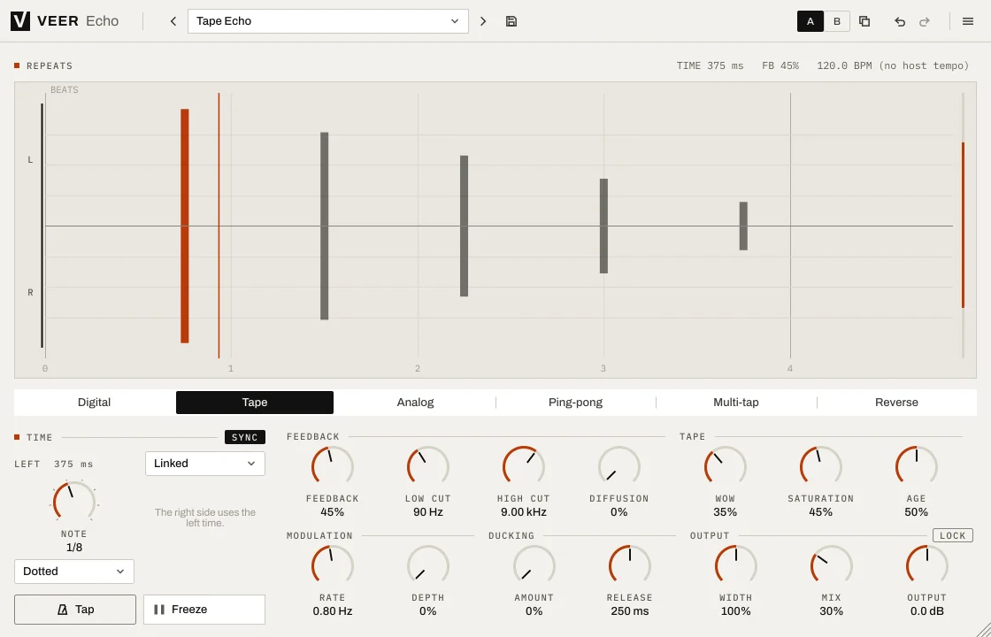 Veer Echo in the light theme with the Tape mode.