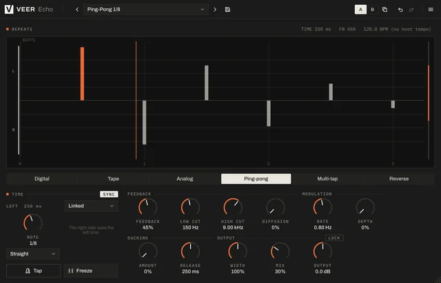 Veer Echo in Ping-pong mode: the repeats bounce between left and right in time with the song.