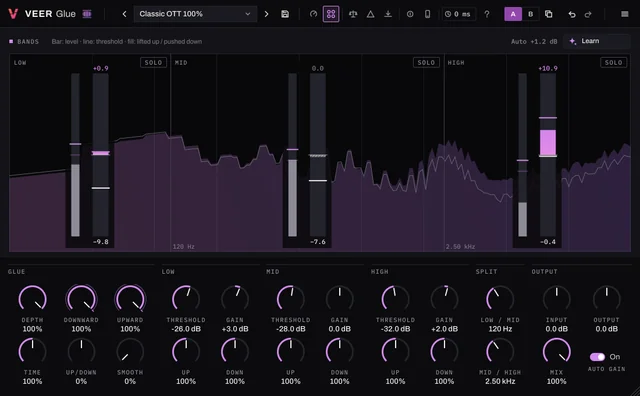 Veer Glue in the Expert view with the Classic OTT 100% preset: level, threshold and the lifted or pushed-down gain of the low, mid and high bands over the spectrum, with each band's controls below.