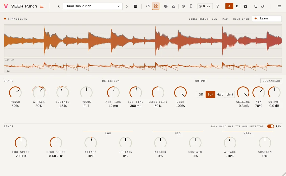 Veer Punch on a drum bus in 3-band mode and the light theme: one gain line per band under the waveform.