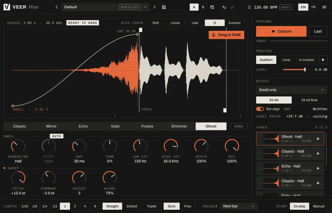 Veer Rise in Ghost mode, with pitch, formant, voices and blend controls.
