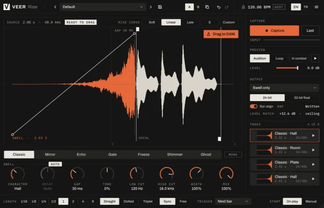 Veer Rise with a captured vocal phrase: the orange reverse swell rises into the vocal waveform, with the mode buttons and knobs below.