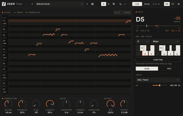 Veer Tune correcting a vocal: the pitch graph shows the sung and the corrected line, with key, scale and correction knobs.
