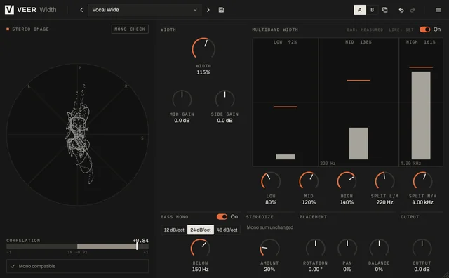 Veer Width: the stereo image, three-band width and mono bass, with the meter showing the mix is mono compatible.