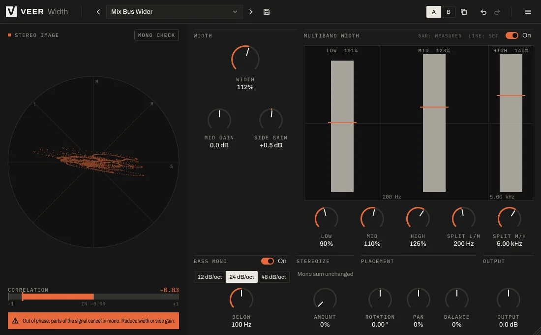 Veer Width warning that parts of the signal cancel in mono.